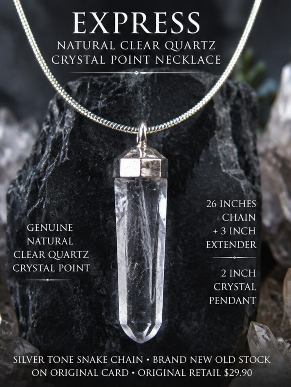 Express Natural Clear Quartz Crystal Point Pendant Necklace NOS 26 Inch